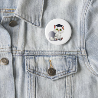 Cute white cat wearing a graduation cap 6 cm round badge