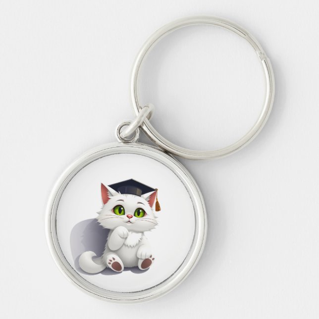 Cute white cat wearing a graduation cap key ring (Front)