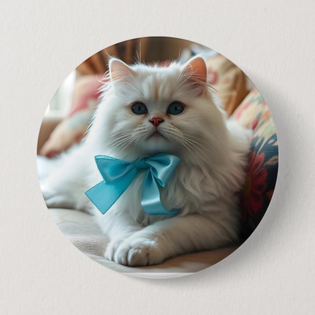 Cute White Cat with Blue Bow 7.5 Cm Round Badge (Front)