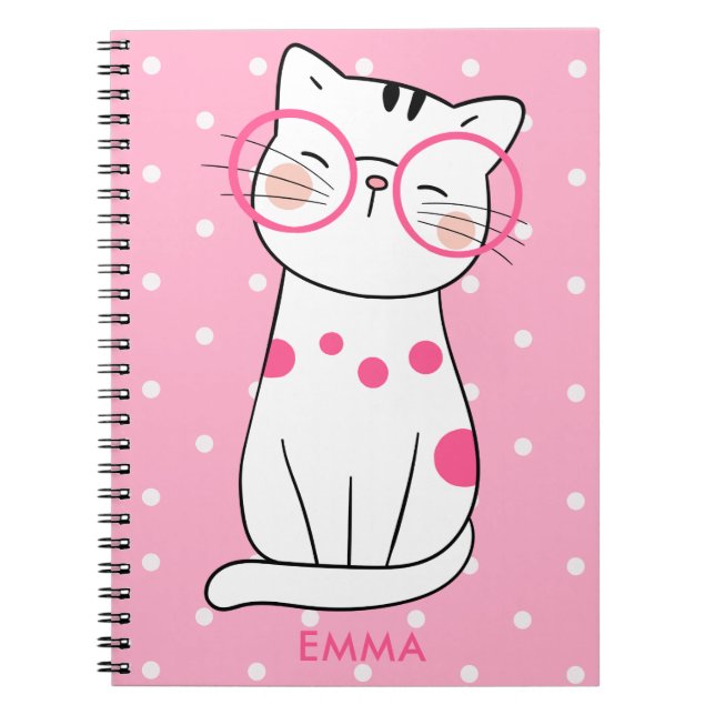 Cute white Cat with Eyeglasses & Polka Dot Pattern Notebook (Front)