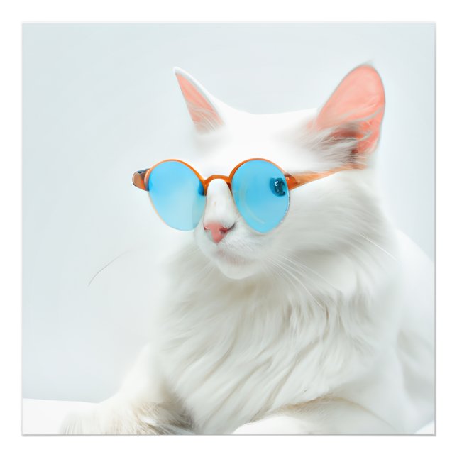 Cute white cat with glasses     photo print (Front)