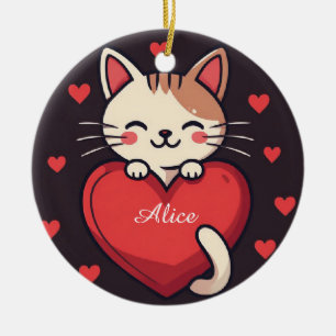 Cute White Cat with Heart Kawaii Kitty Love Design Ceramic Tree Decoration