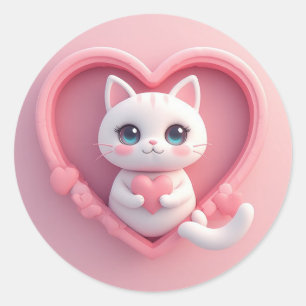Cute White Cat with Heart Kawaii Kitty Love Design Classic Round Sticker