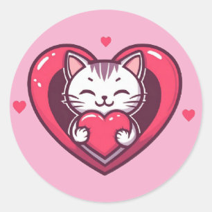 Cute White Cat with Heart Kawaii Kitty Love Design Classic Round Sticker