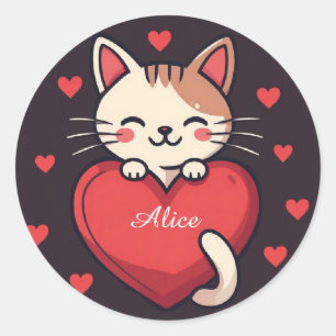 Cute White Cat with Heart Kawaii Kitty Love Design Classic Round Sticker