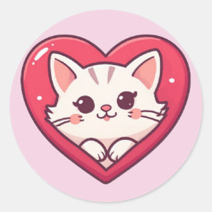 Cute White Cat with Heart Kawaii Kitty Love Design Classic Round Sticker