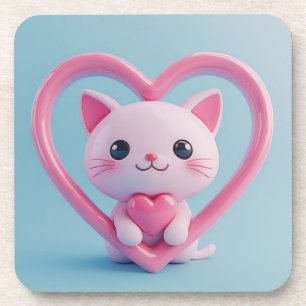 Cute White Cat with Heart Kawaii Kitty Love Design Coaster