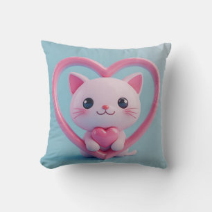 Cute White Cat with Heart Kawaii Kitty Love Design Cushion