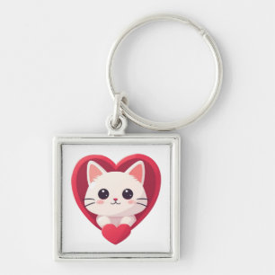 Cute White Cat with Heart Kawaii Kitty Love Design Key Ring