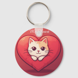 Cute White Cat with Heart Kawaii Kitty Love Design Key Ring