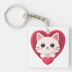Cute White Cat with Heart Kawaii Kitty Love Design Key Ring