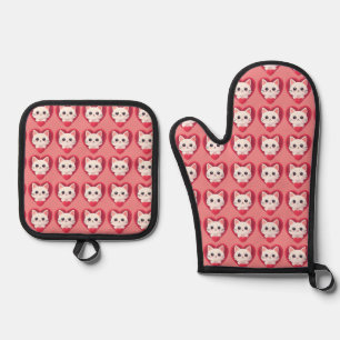 Cute White Cat with Heart Kawaii Kitty Love Design Oven Mitt & Pot Holder Set