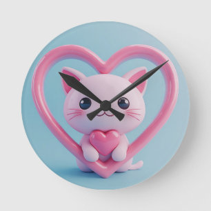 Cute White Cat with Heart Kawaii Kitty Love Design Round Clock