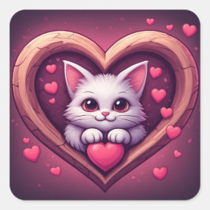 Cute White Cat with Heart Kawaii Kitty Love Design Square Sticker