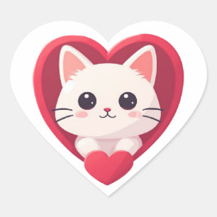 Cute White Cat with Heart Kawaii Kitty Love Design Sticker
