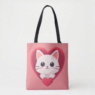 Cute White Cat with Heart Kawaii Kitty Love Design Tote Bag