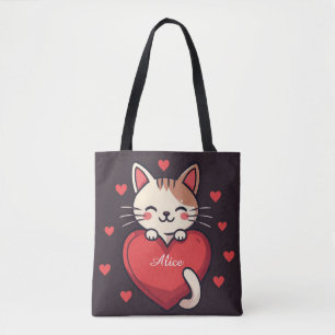Cute White Cat with Heart Kawaii Kitty Love Design Tote Bag