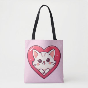 Cute White Cat with Heart Kawaii Kitty Love Design Tote Bag