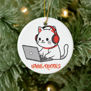 Cute White Cat with Red Headphones Laptop Ceramic Tree Decoration
