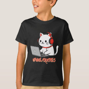 Cute White Cat with Red Headphones Laptop T-Shirt