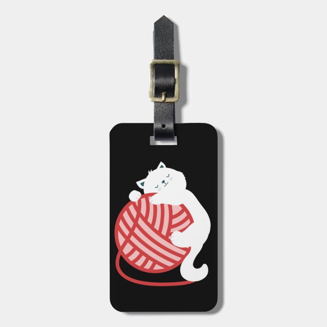 Cute white cat with yarn ball luggage tag (Front Vertical)