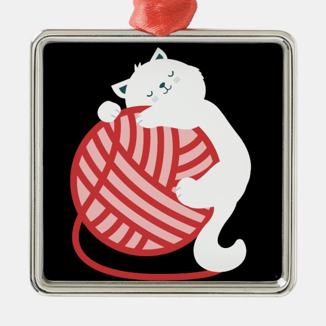 Cute white cat with yarn ball metal tree decoration (Front)