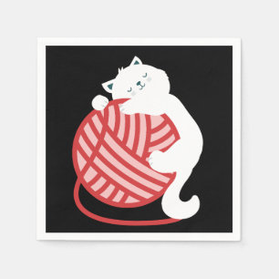 Cute white cat with yarn ball napkin