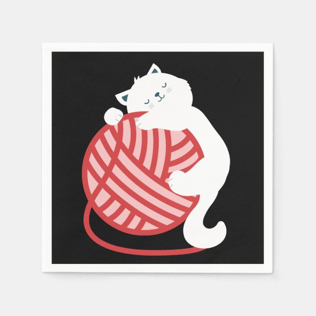 Cute white cat with yarn ball napkin (Front)
