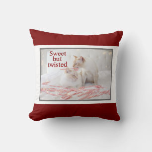 Cute White Cats and Candy Canes Sweet But Twisted  Cushion