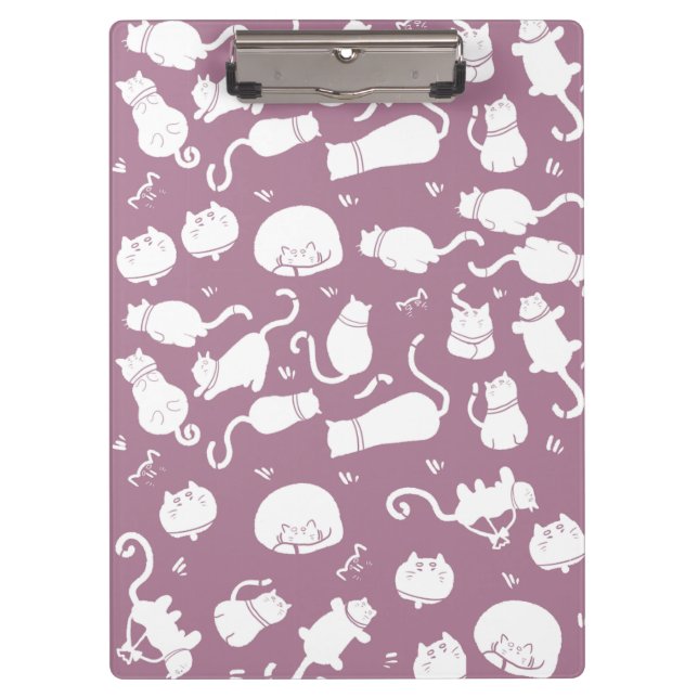 Cute White Cats Pattern on Mauve Background Clipboard (Front)