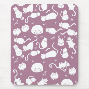 Cute White Cats Pattern on Mauve Background Mouse Pad