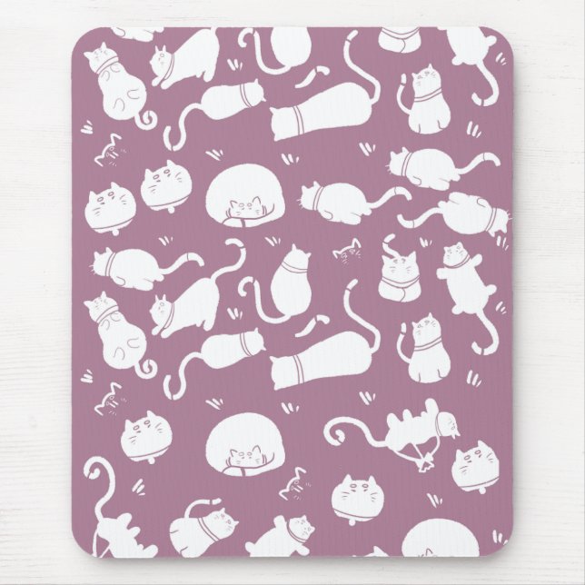 Cute White Cats Pattern on Mauve Background Mouse Pad (Front)