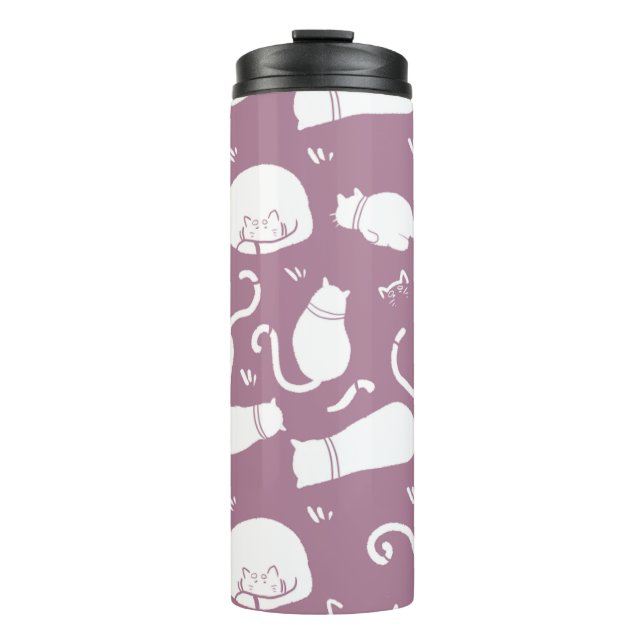 Cute White Cats Pattern on Mauve Background Thermal Tumbler (Front)