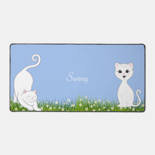 Cute White Cats with Flowers Desk Mat