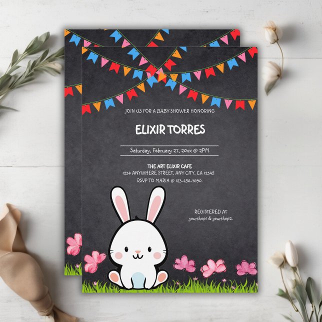Cute White Chalkboard Bunny Baby Shower Invitation (Creator Uploaded)