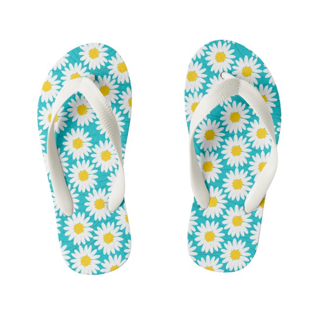 Cute White Chamomile Aqua Blue Boy Flip Flops (Footbed)