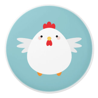 Cute White Chicken on Green Illustration Ceramic Knob