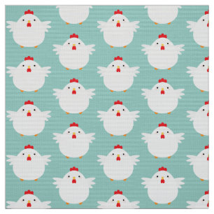 Cute White Chicken on Pale Blue Pattern Fabric