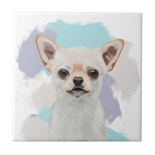 Cute White Chihuahua Dog Abstract Blue Background Tile (Front)