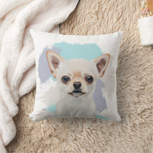Cute White Chihuahua With Abstract Blue Background Cushion