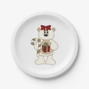 Cute White Christmas Bear with Candy Cane Paper Plate