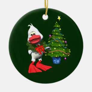 Cute White Christmas Duck Wearing a Wreath Ceramic Tree Decoration