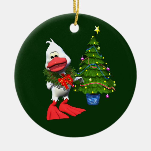 Cute White Christmas Duck Wearing a Wreath Ceramic Tree Decoration (Front)
