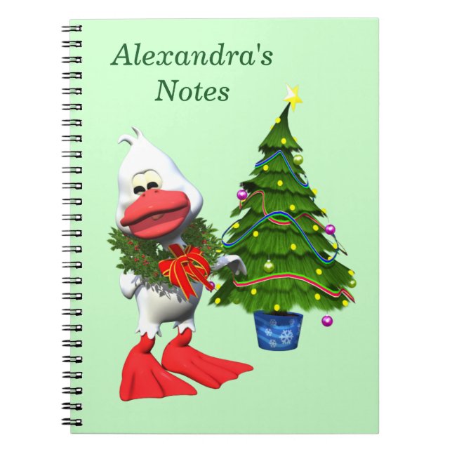 Cute White Christmas Duck Wearing a Wreath Notebook (Front)