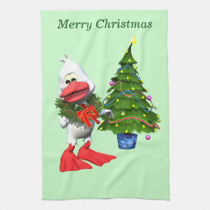 Cute White Christmas Duck Wearing a Wreath Tea Towel