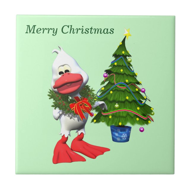 Cute White Christmas Duck Wearing a Wreath Tile (Front)