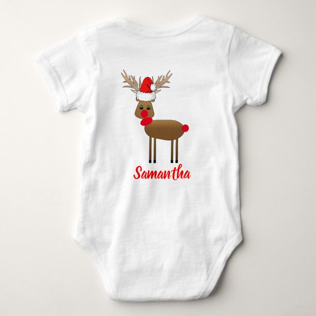 Cute White Christmas Red Nose Reindeer Santa's Hat Baby Bodysuit (Back)