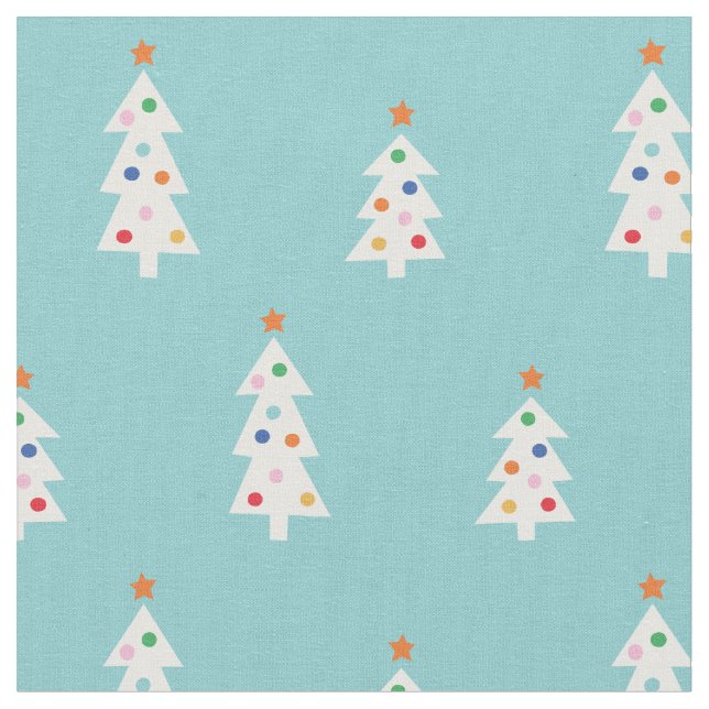 Cute White Christmas Trees on light Blue Fabric (Close Up)