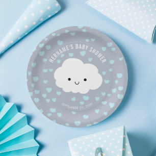 Cute White Cloud Boy Blue Hearts Grey Baby Shower Paper Plate