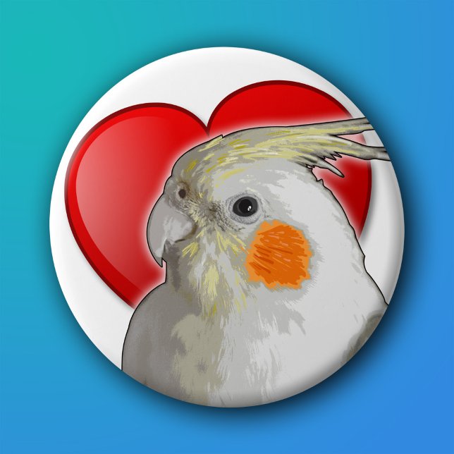 Cute White Cockatiel Parrot Pet Bird Lovers Heart 7.5 Cm Round Badge (Cute cockatiel pinback button with red heart for parrot owner, love my pet bird with orange cheeks! )